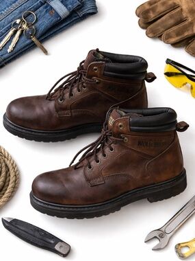 Wolverine Brown Leather Work Boots Steel Toe Lace Up Size 7.5M Durable in GUC